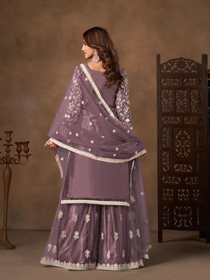 Dark Mauve Net Embroidery Palazzo Suit