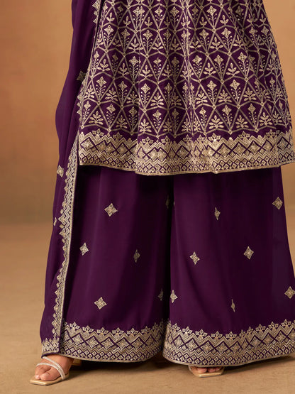 Purple Georgette Embroidery Work Palazzo Set