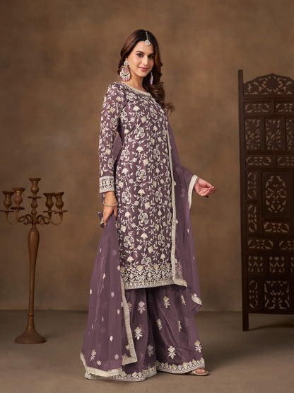 Dark Mauve Net Embroidery Palazzo Suit