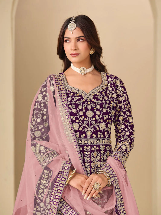 Deep purple Velvet Heavy Embroidered Gown
