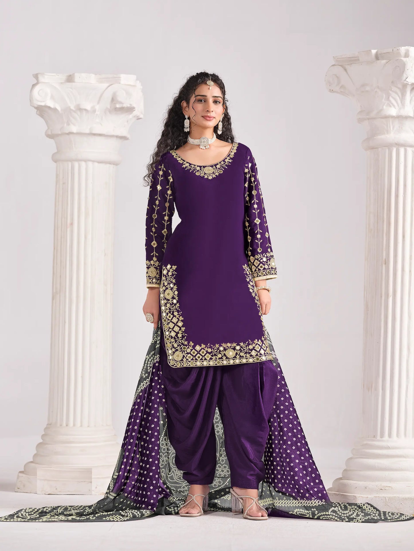 Purple Silk Salwar Suit With Mirror Work & Embroidery