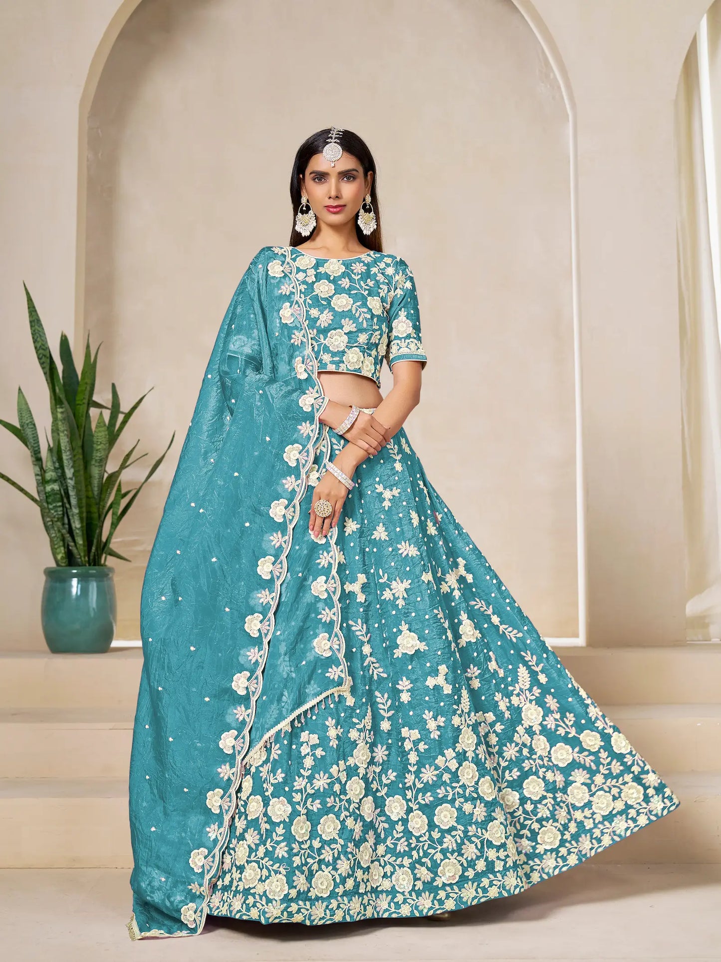 Sea Blue Gold Crush Embroidery Lehenga Choli