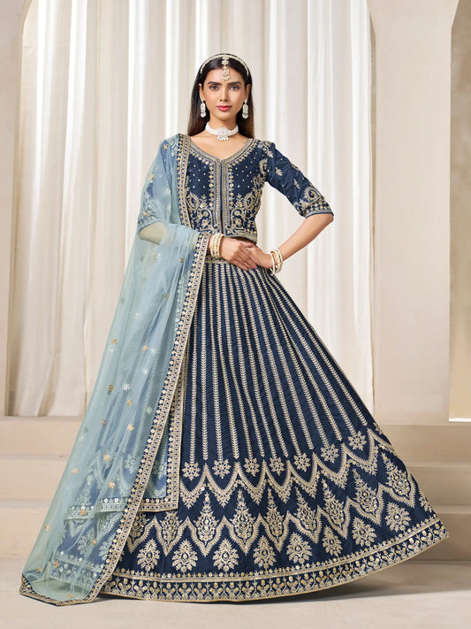 Navy Blue Art Silk Thread & Sequins Embroidery Lehenga Choli