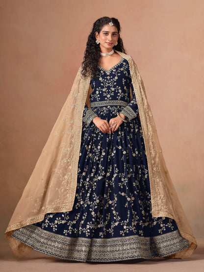 Navy Blue Georgette Embroidery Gown With Organza Dupatta