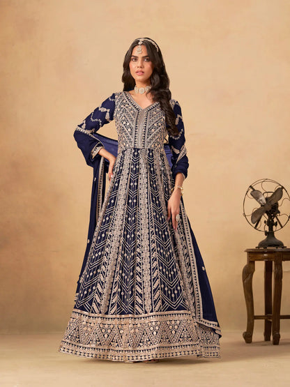 Navy Blue Georgette Embroidery Work Gown
