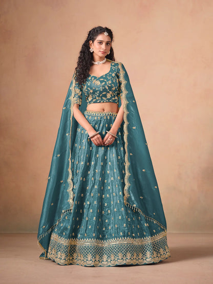Teal Blue Organza Embroidery Work Lehenga Choli