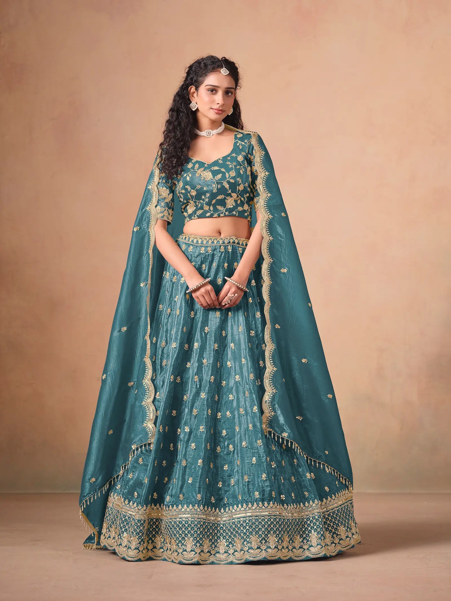 Teal Blue Organza Embroidery Work Lehenga Choli