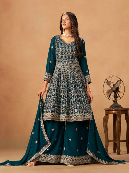 Teal Blue Georgette Embroidery Work Palazzo Set