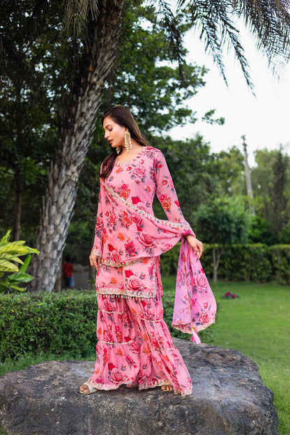 Light Pink Georgette Palazzo Salwar Suit With Floral Print & Embroidery Work