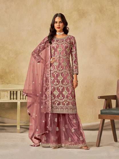 Brownish Pink Net Palazzo Suit With Sequins Embroidery