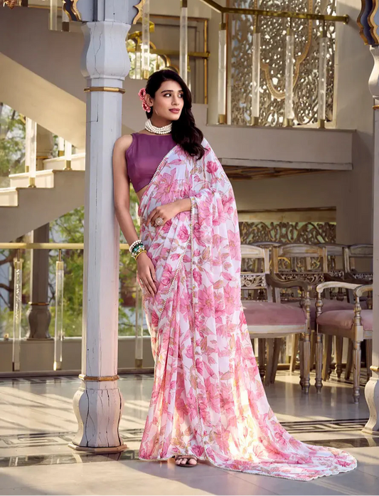 Light Pink Weightless Marbal Saree With Floral Print &  Pearl Lace Border