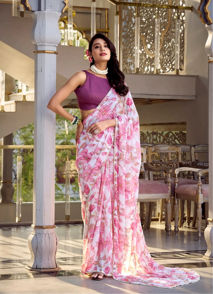Light Pink Weightless Marbal Saree With Floral Print &  Pearl Lace Border