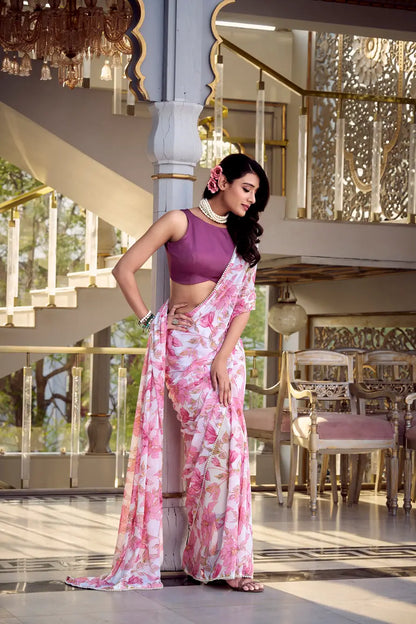 Light Pink Weightless Marbal Saree With Floral Print &  Pearl Lace Border