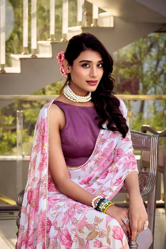 Light Pink Weightless Marbal Saree With Floral Print &  Pearl Lace Border