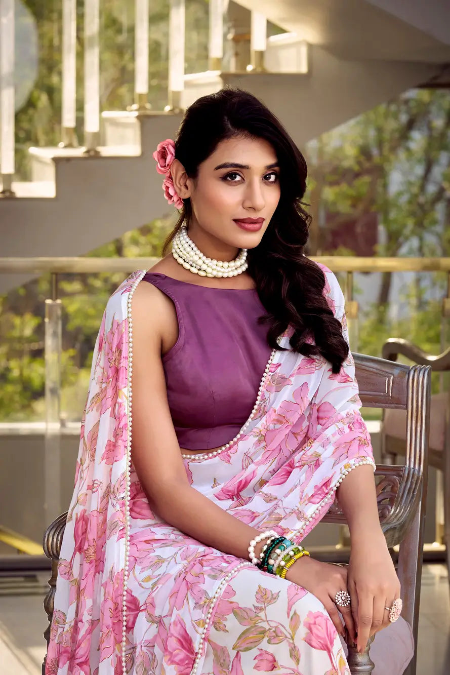 Light Pink Weightless Marbal Saree With Floral Print &  Pearl Lace Border