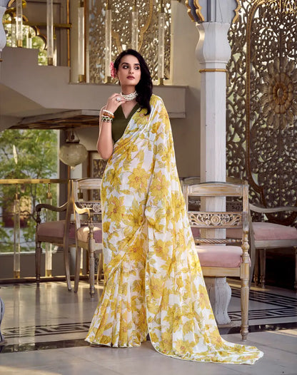 Yellow Weightless Marbal Saree With Floral Print &  Pearl Lace Border
