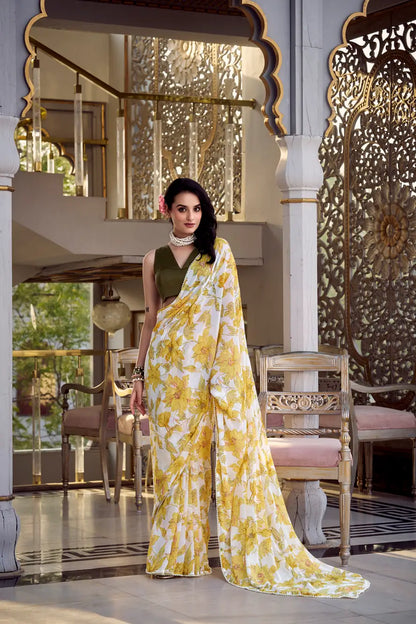 Yellow Weightless Marbal Saree With Floral Print &  Pearl Lace Border