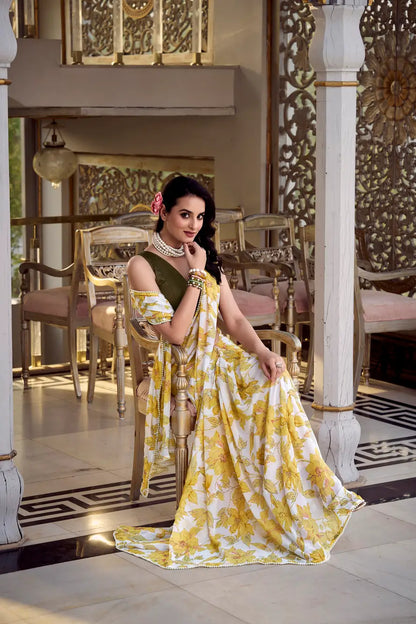 Yellow Weightless Marbal Saree With Floral Print &  Pearl Lace Border