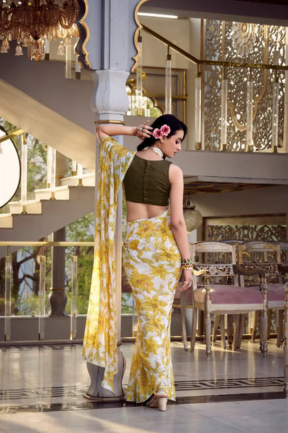 Yellow Weightless Marbal Saree With Floral Print &  Pearl Lace Border