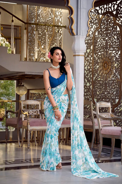 Sea Blue Weightless Marbal Saree With Floral Print &  Pearl Lace Border