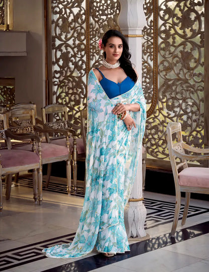 Sea Blue Weightless Marbal Saree With Floral Print &  Pearl Lace Border