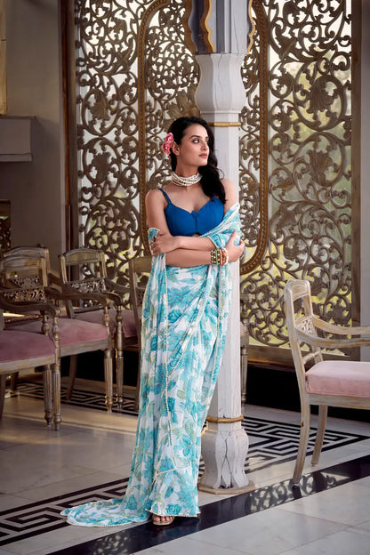 Sea Blue Weightless Marbal Saree With Floral Print &  Pearl Lace Border