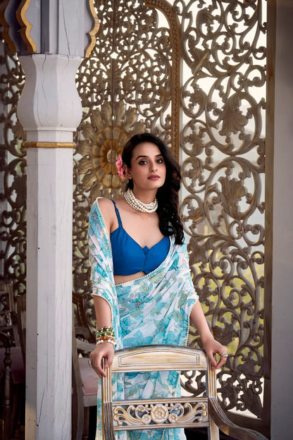 Sea Blue Weightless Marbal Saree With Floral Print &  Pearl Lace Border
