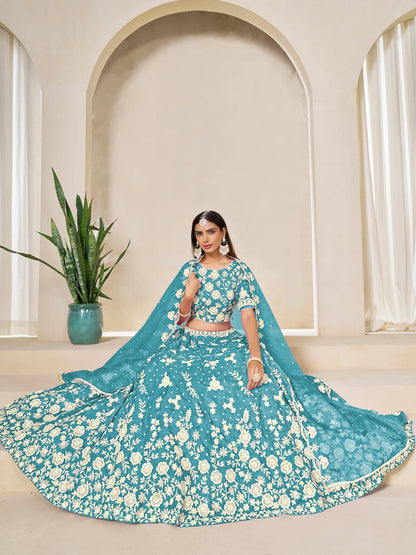 Sea Blue Gold Crush Embroidery Lehenga Choli