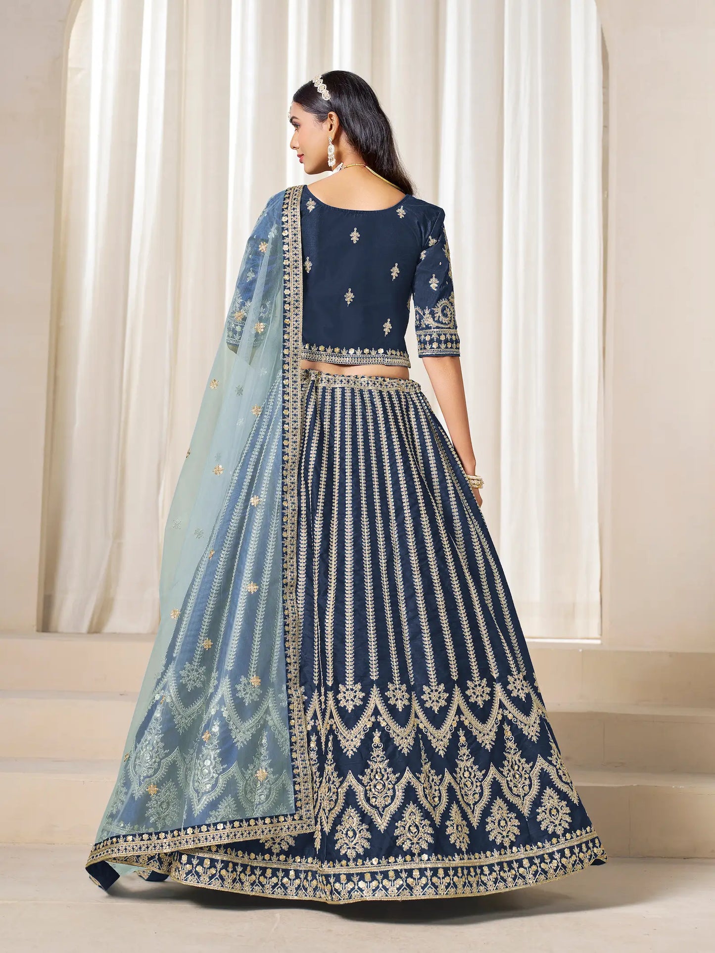 Navy Blue Art Silk Thread & Sequins Embroidery Lehenga Choli