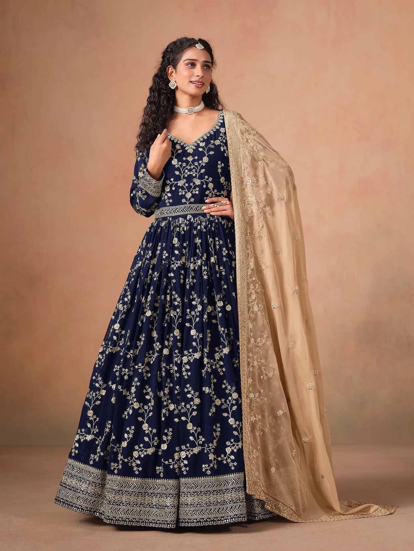 Navy Blue Georgette Embroidery Gown With Organza Dupatta