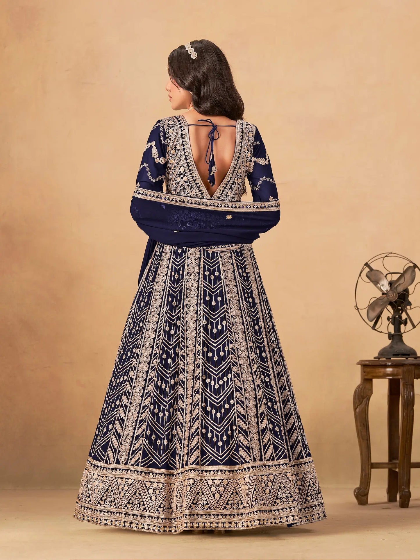 Navy Blue Georgette Embroidery Work Gown