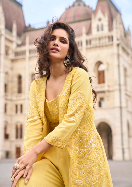 Light Mustard Heavy Embroidered Indo Western Set