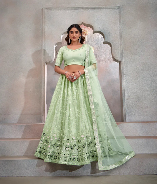 Mint Green Net Lehenga Choli With Thread & Sequence Embroidery Work
