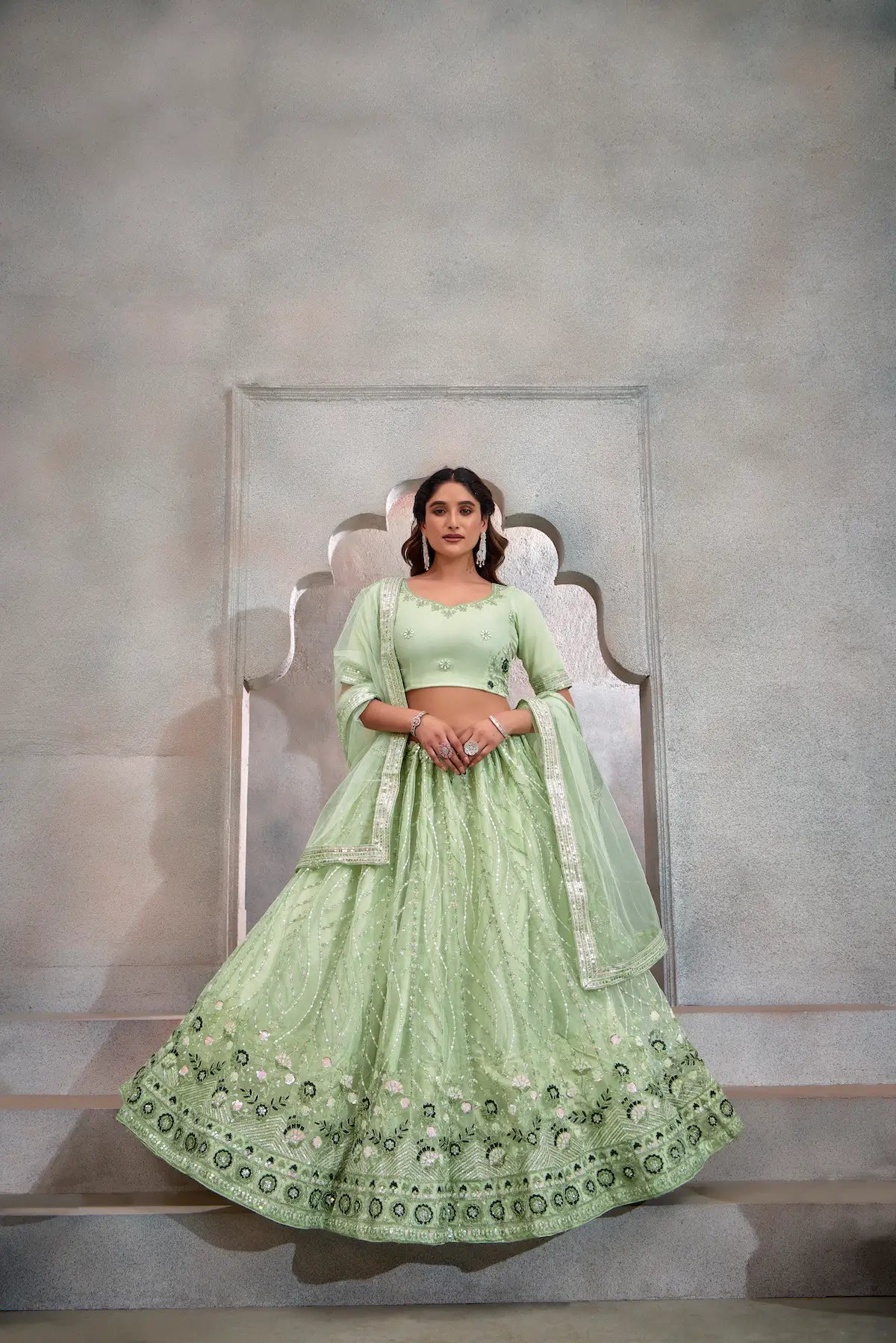 Mint Green Net Lehenga Choli With Thread & Sequence Embroidery Work