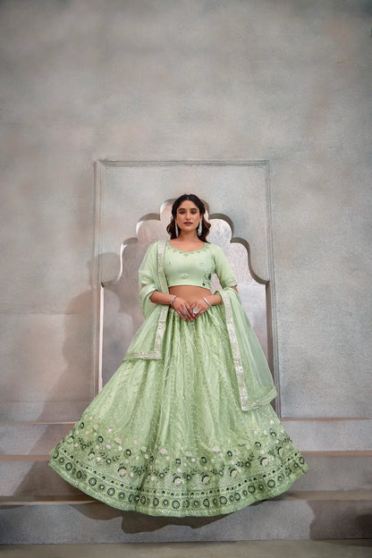 Mint Green Net Lehenga Choli With Thread & Sequence Embroidery Work