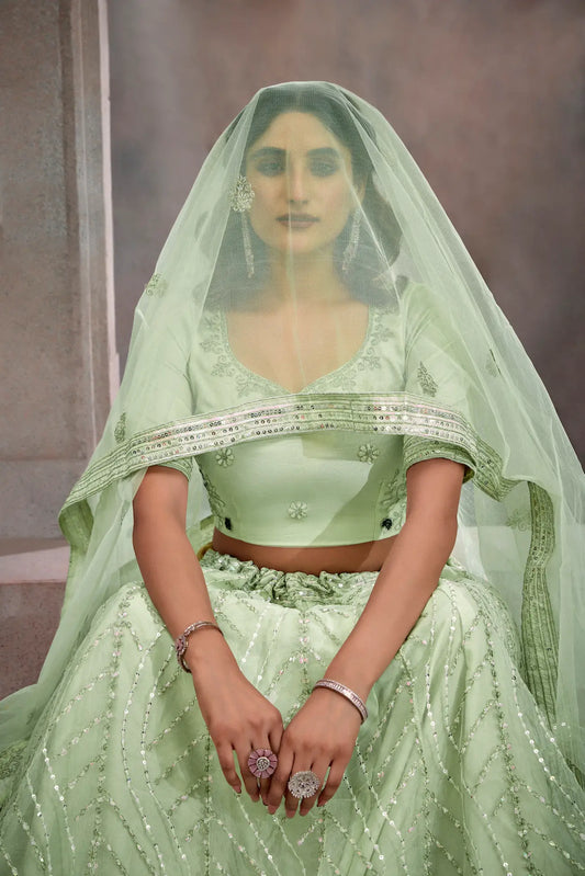 Mint Green Net Lehenga Choli With Thread & Sequence Embroidery Work