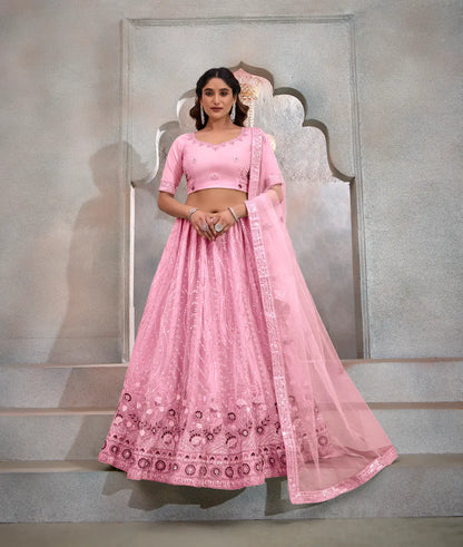 Blush Pink Net Lehenga Choli With Thread & Sequence Embroidery Work