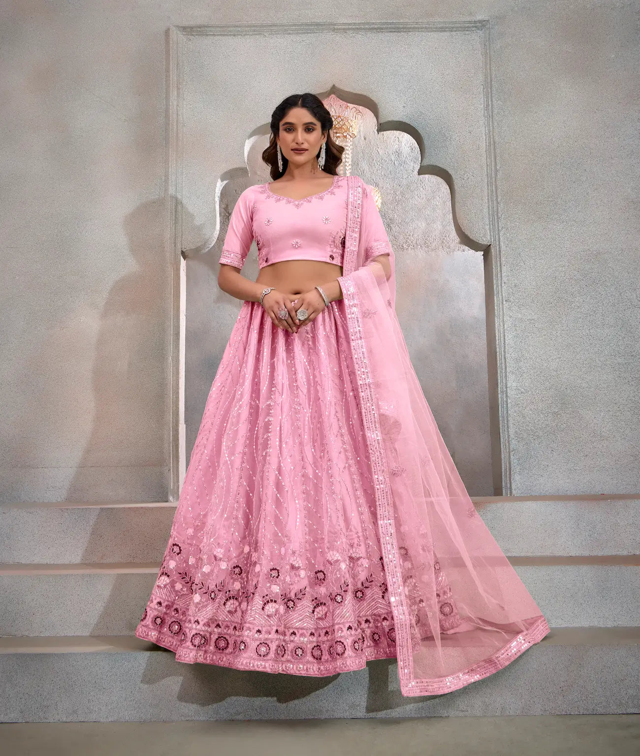 Blush Pink Net Lehenga Choli With Thread & Sequence Embroidery Work