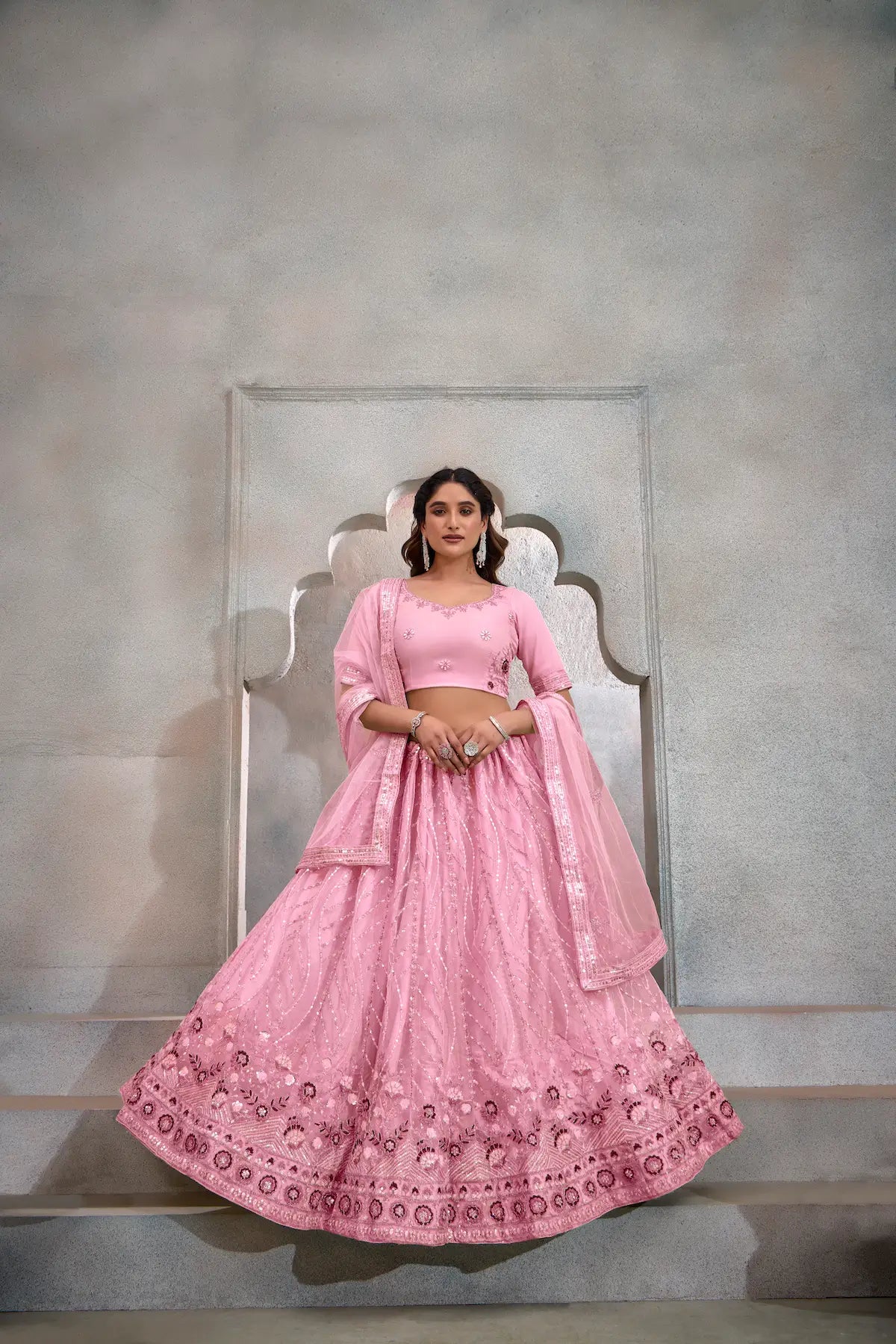 Blush Pink Net Lehenga Choli With Thread & Sequence Embroidery Work