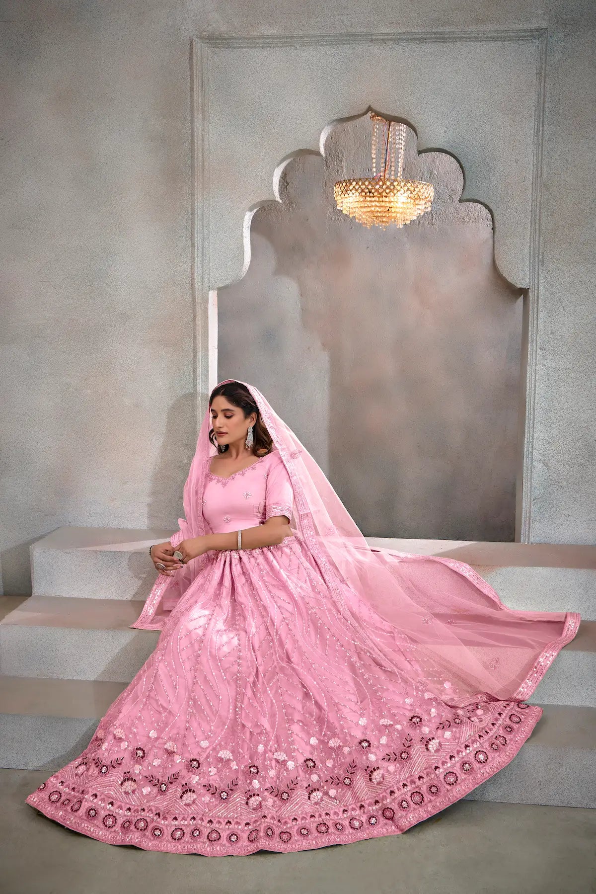 Blush Pink Net Lehenga Choli With Thread & Sequence Embroidery Work