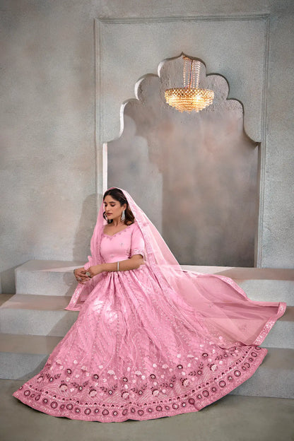 Blush Pink Net Lehenga Choli With Thread & Sequence Embroidery Work