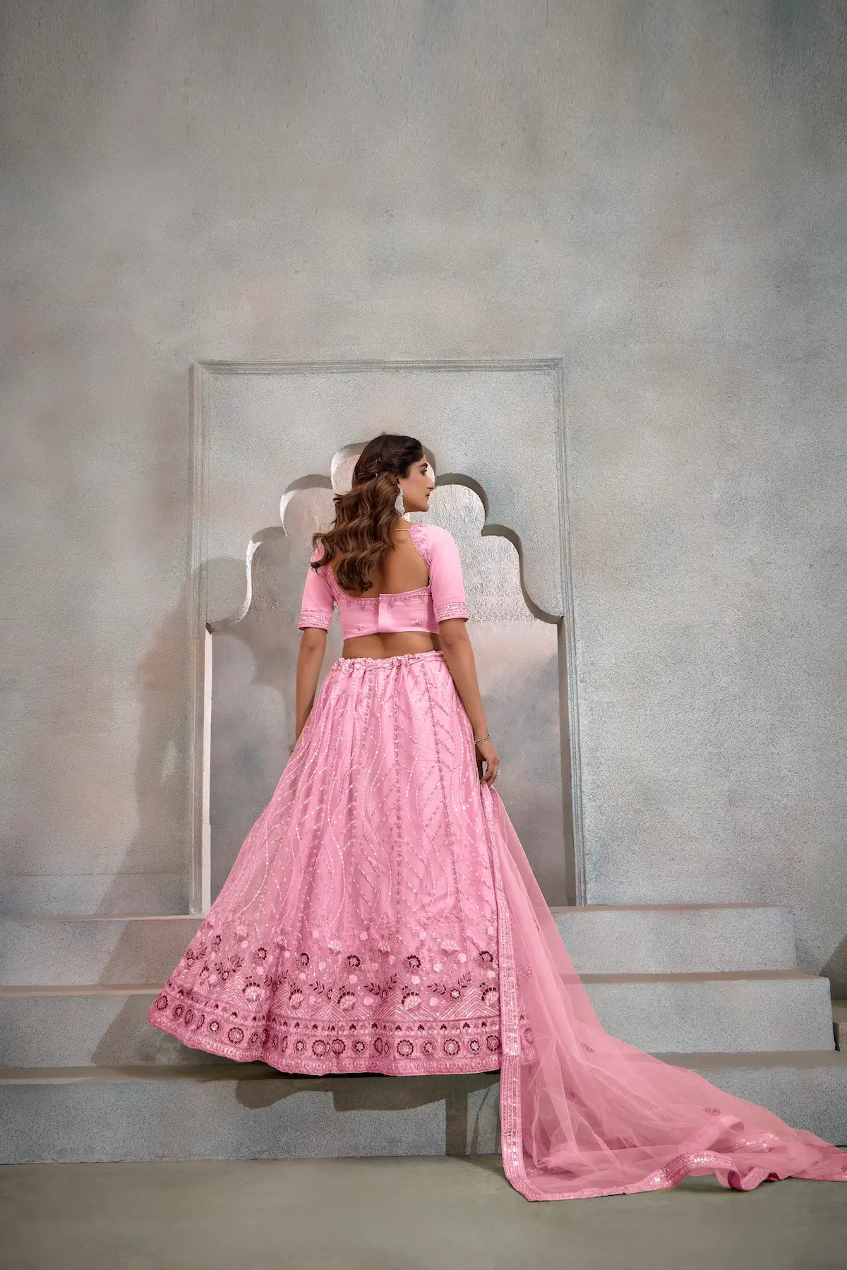 Blush Pink Net Lehenga Choli With Thread & Sequence Embroidery Work
