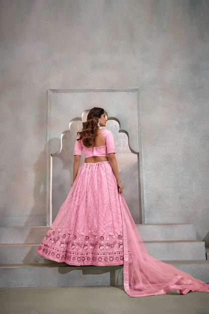 Blush Pink Net Lehenga Choli With Thread & Sequence Embroidery Work