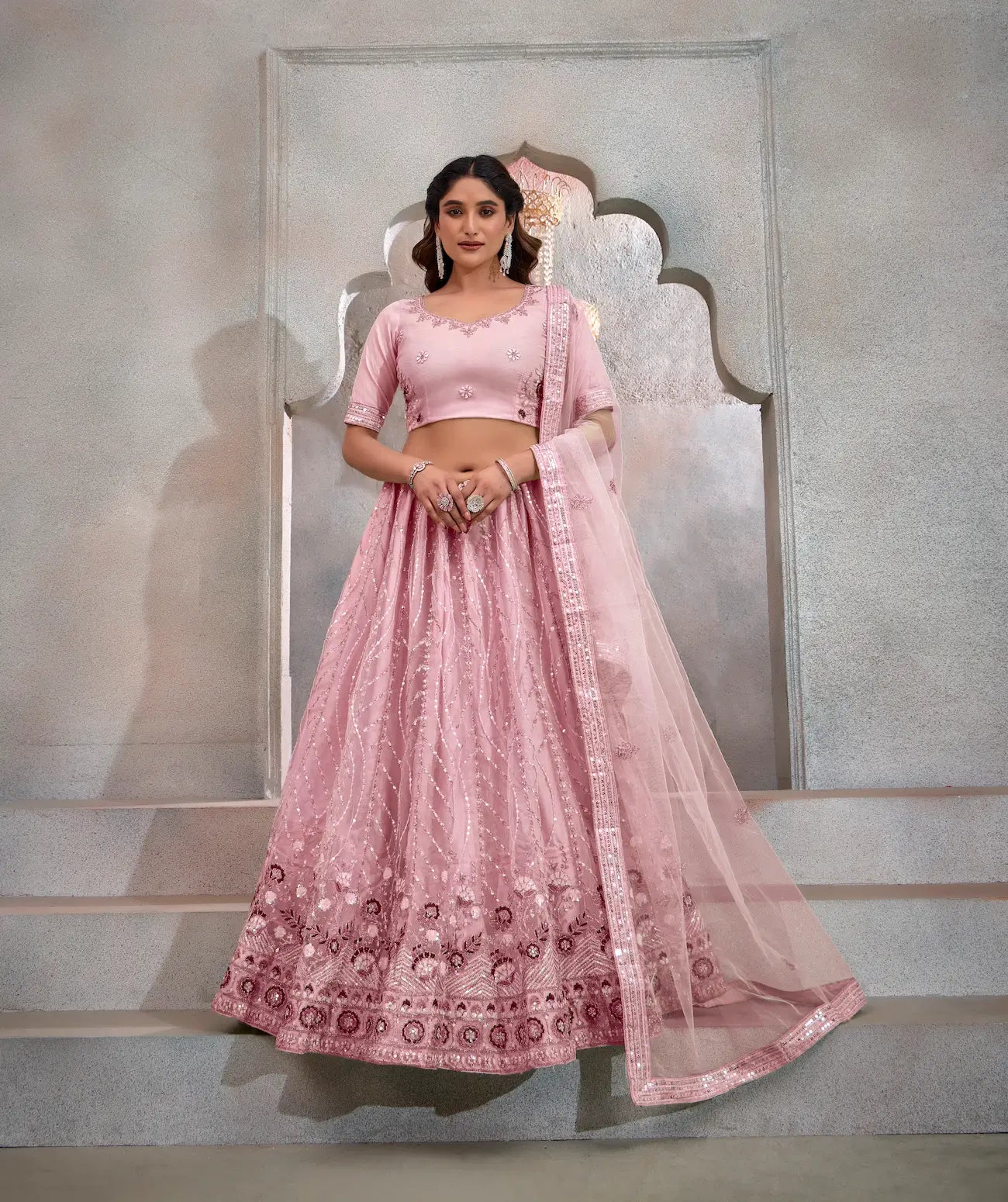 Dark Peach Net Lehenga Choli With Thread & Sequence Embroidery Work