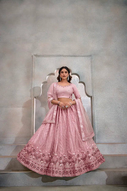 Dark Peach Net Lehenga Choli With Thread & Sequence Embroidery Work