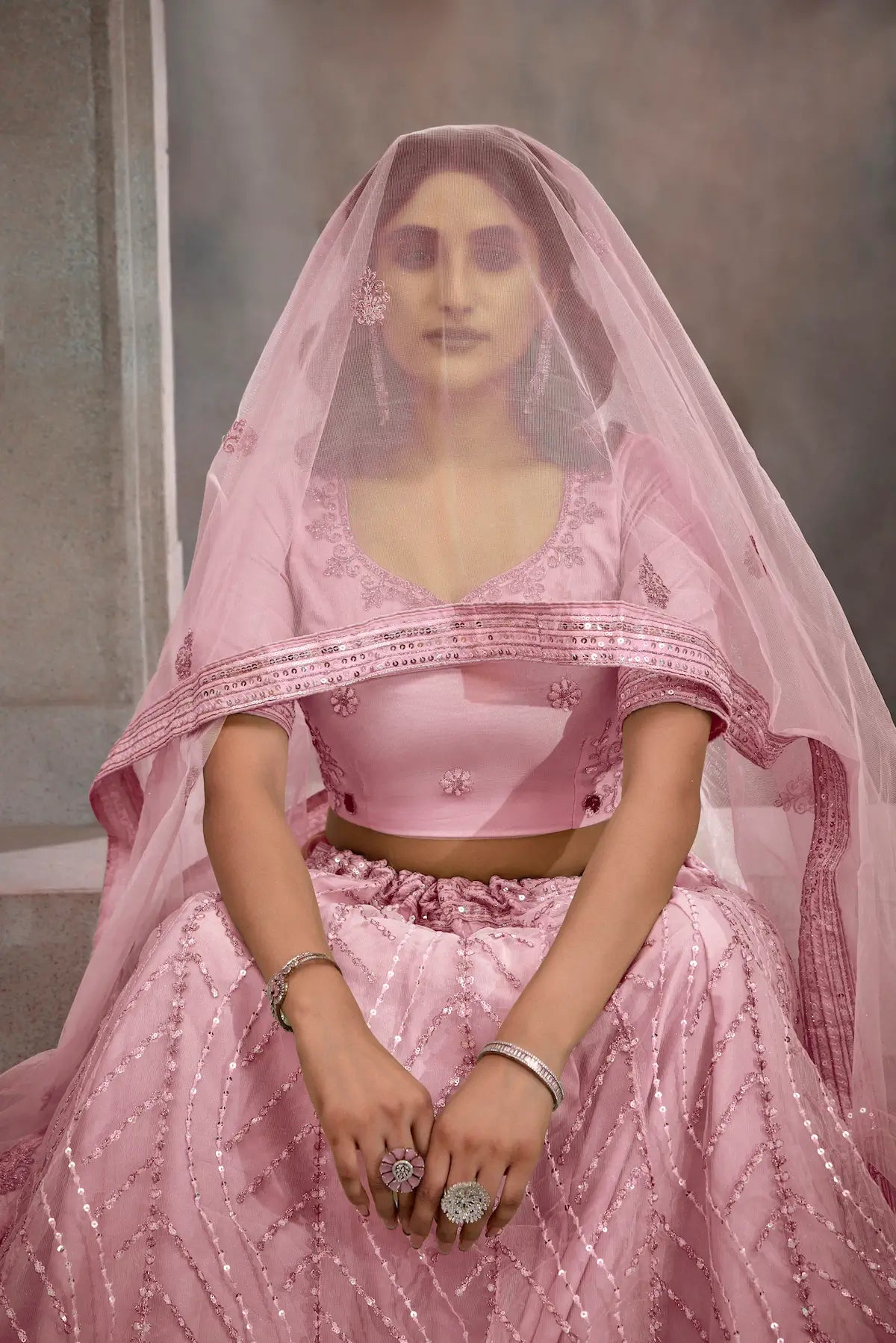 Dark Peach Net Lehenga Choli With Thread & Sequence Embroidery Work