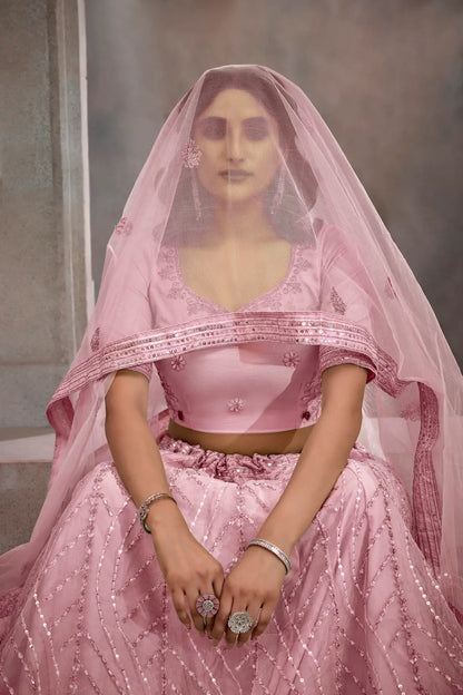 Dark Peach Net Lehenga Choli With Thread & Sequence Embroidery Work