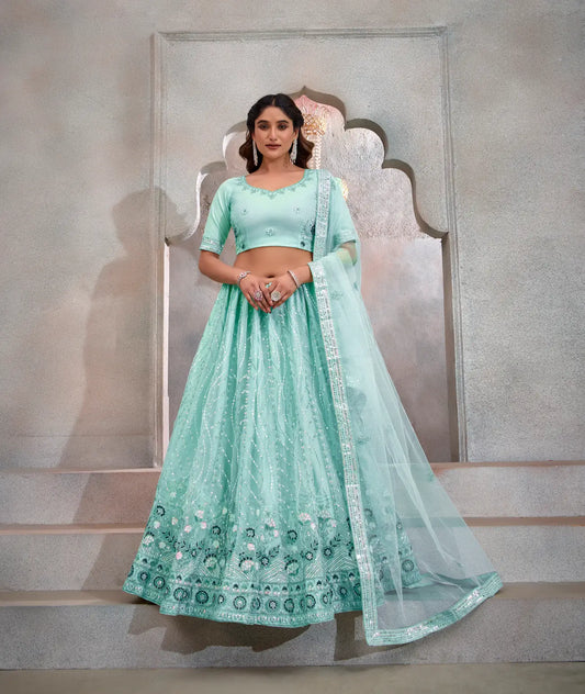 Turquoise Blue Net Lehenga Choli With Thread & Sequence Embroidery Work
