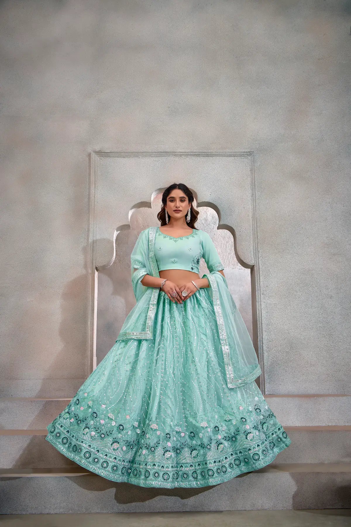 Turquoise Blue Net Lehenga Choli With Thread & Sequence Embroidery Work