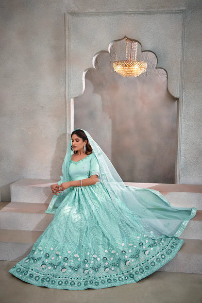Turquoise Blue Net Lehenga Choli With Thread & Sequence Embroidery Work